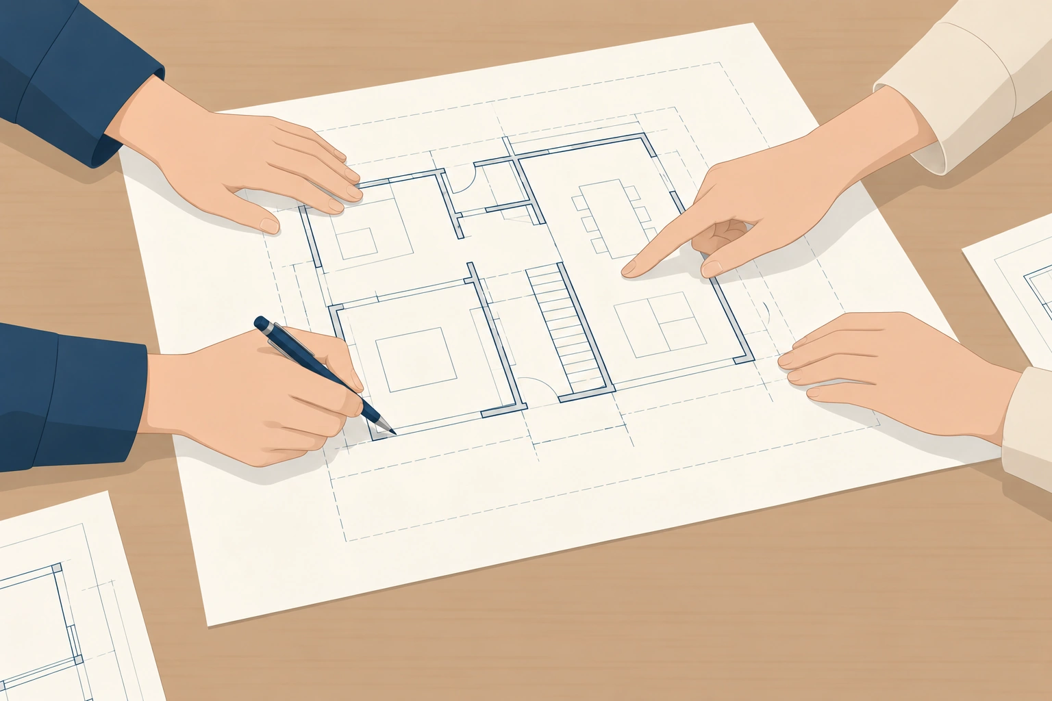 Illustratie van overleg over een bouwplan: de rechterhand houdt de pen vast en de linkerhand rust naast de tekening